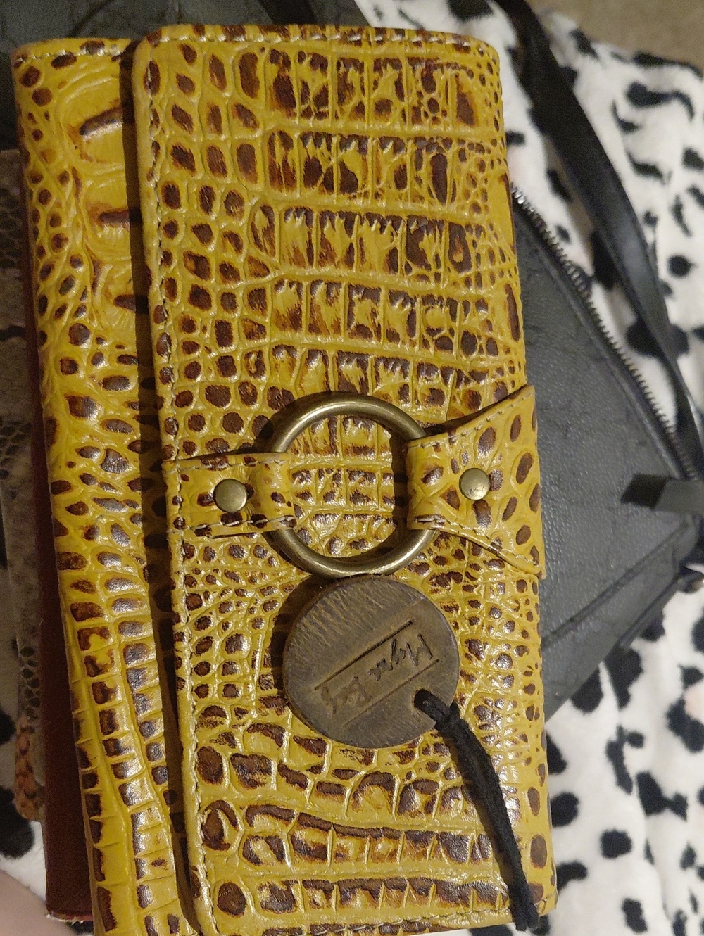 Yellow Croc-Embossed Leather Wallet with Brass Ring Closure